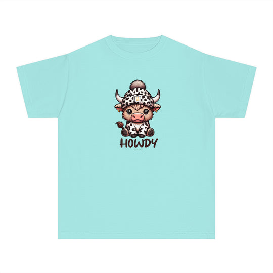 Kid's Howdy Tee: Blue shirt with a cartoon cow wearing a hat. 100% cotton, light fabric, classic fit for comfort and agility. Perfect for playtime or study sessions.