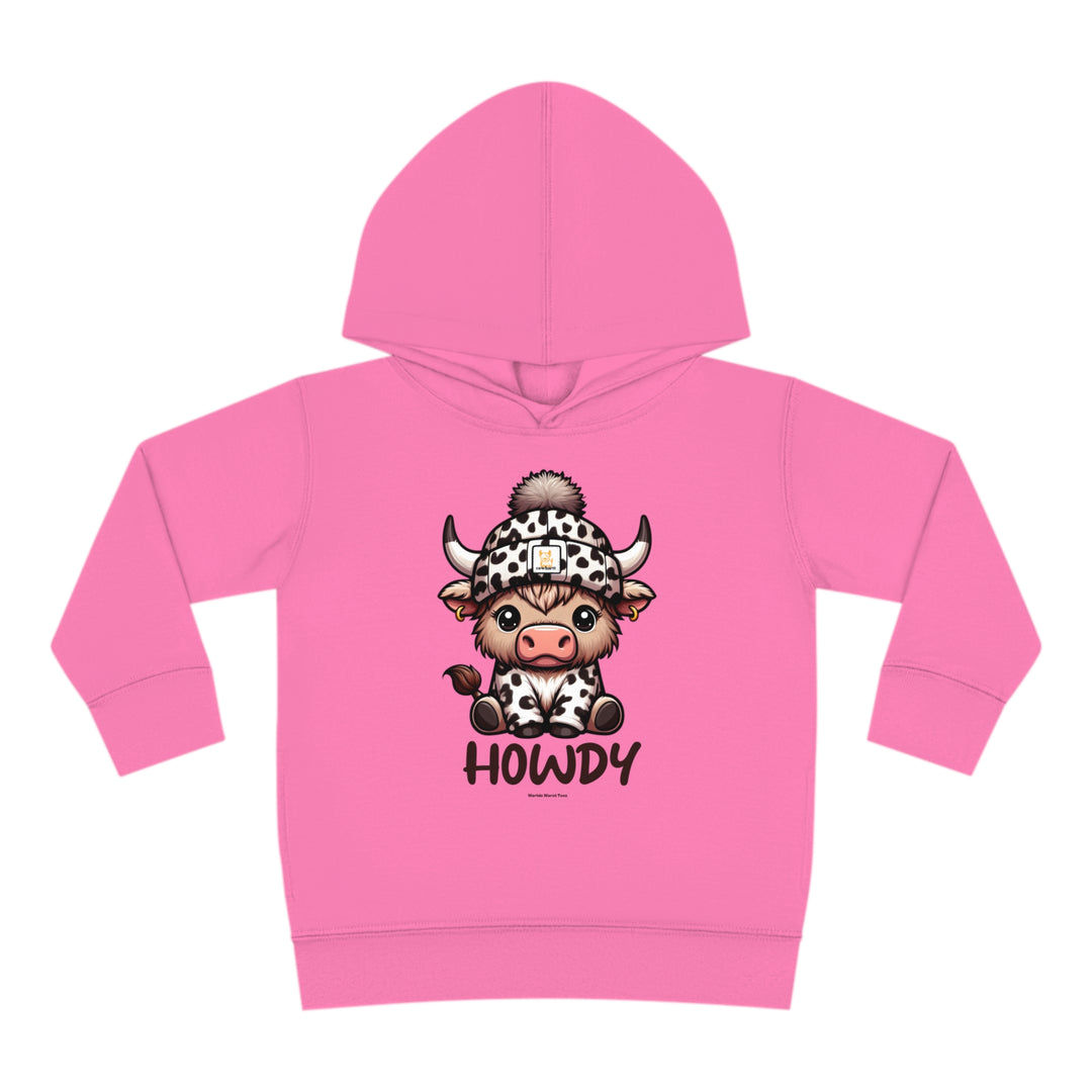 Toddler hoodie with cow design, durable double-needle hemmed hood, cover-stitched details, and side seam pockets for coziness. 60% cotton, 40% polyester blend. From Worlds Worst Tees.