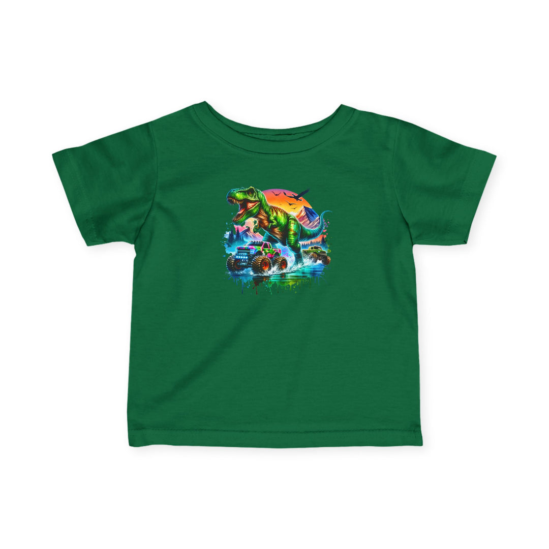 Dino Truck Baby Tee features a roaring T-Rex and monster truck on a green toddler-sized shirt, showcasing vibrant, playful graphics perfect for adventurous little ones.