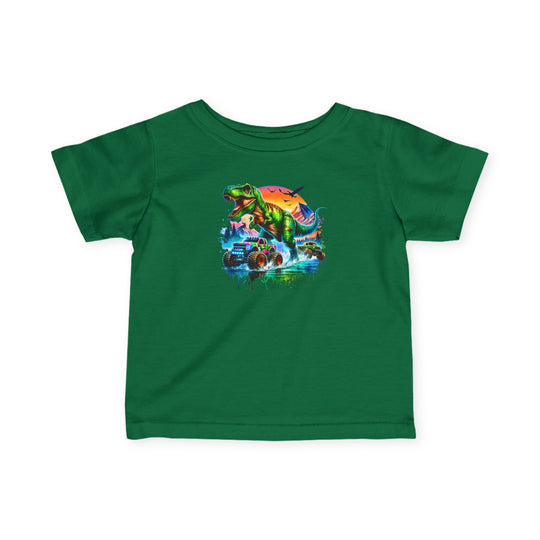 Dino Truck Baby Tee features a roaring T-Rex and monster truck on a green toddler-sized shirt, showcasing vibrant, playful graphics perfect for adventurous little ones.