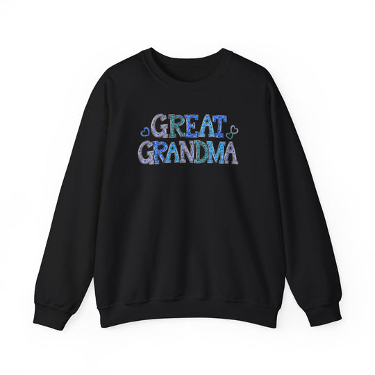 A unisex heavy blend crewneck sweatshirt, the Great Grandma Crew, in black with blue text. Made of 50% cotton, 50% polyester, ribbed knit collar, and a loose fit. Sizes S to 5XL.