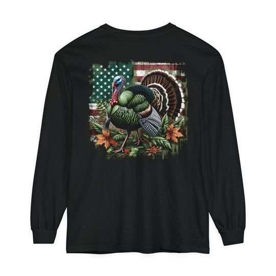 Turkey Hunting Long Sleeve T-Shirt in black, featuring a detailed turkey design. Made of 100% ring-spun cotton for softness and style. Classic fit with garment-dyed fabric for casual comfort.