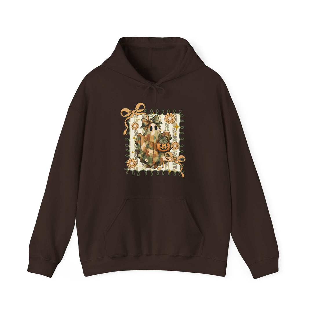 Quilted Ghost Hoodie featuring a whimsical plaid ghost with a jack-o’-lantern, framed by autumnal vines and flowers, on a dark-brown pullover.