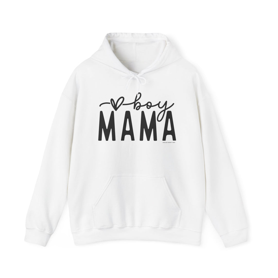 A cozy unisex Boy Mama Hoodie in white, featuring black text. Made of 50% cotton, 50% polyester blend for warmth and comfort. Kangaroo pocket and matching drawstring for style and practicality.