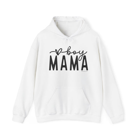 A cozy unisex Boy Mama Hoodie in white, featuring black text. Made of 50% cotton, 50% polyester blend for warmth and comfort. Kangaroo pocket and matching drawstring for style and practicality.
