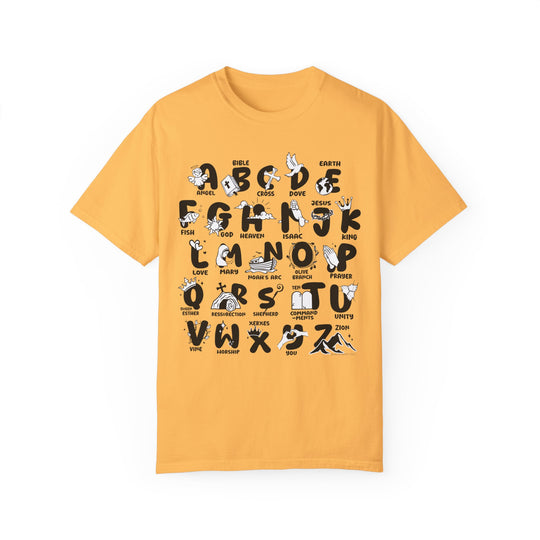 A Bible Alphabet Tee, medium-weight, 100% ring-spun cotton shirt with a relaxed fit. Garment-dyed for coziness, featuring double-needle stitching and a seamless design for durability and comfort.