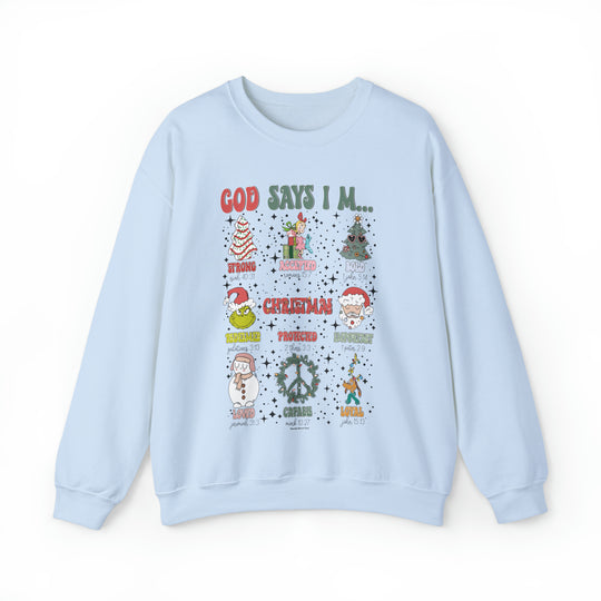 A unisex heavy blend crewneck sweatshirt featuring various designs, ideal for comfort. Made of 50% cotton and 50% polyester, with ribbed knit collar and no itchy side seams. Product title: God Says I'm Crew.
