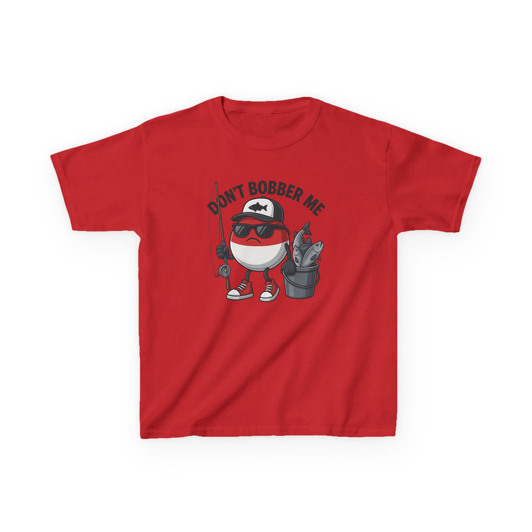 Don't Bobber Me Kids Tee featuring a cartoon fishing bobber character with sunglasses and gear, perfect for everyday wear with durable, soft cotton fabric.