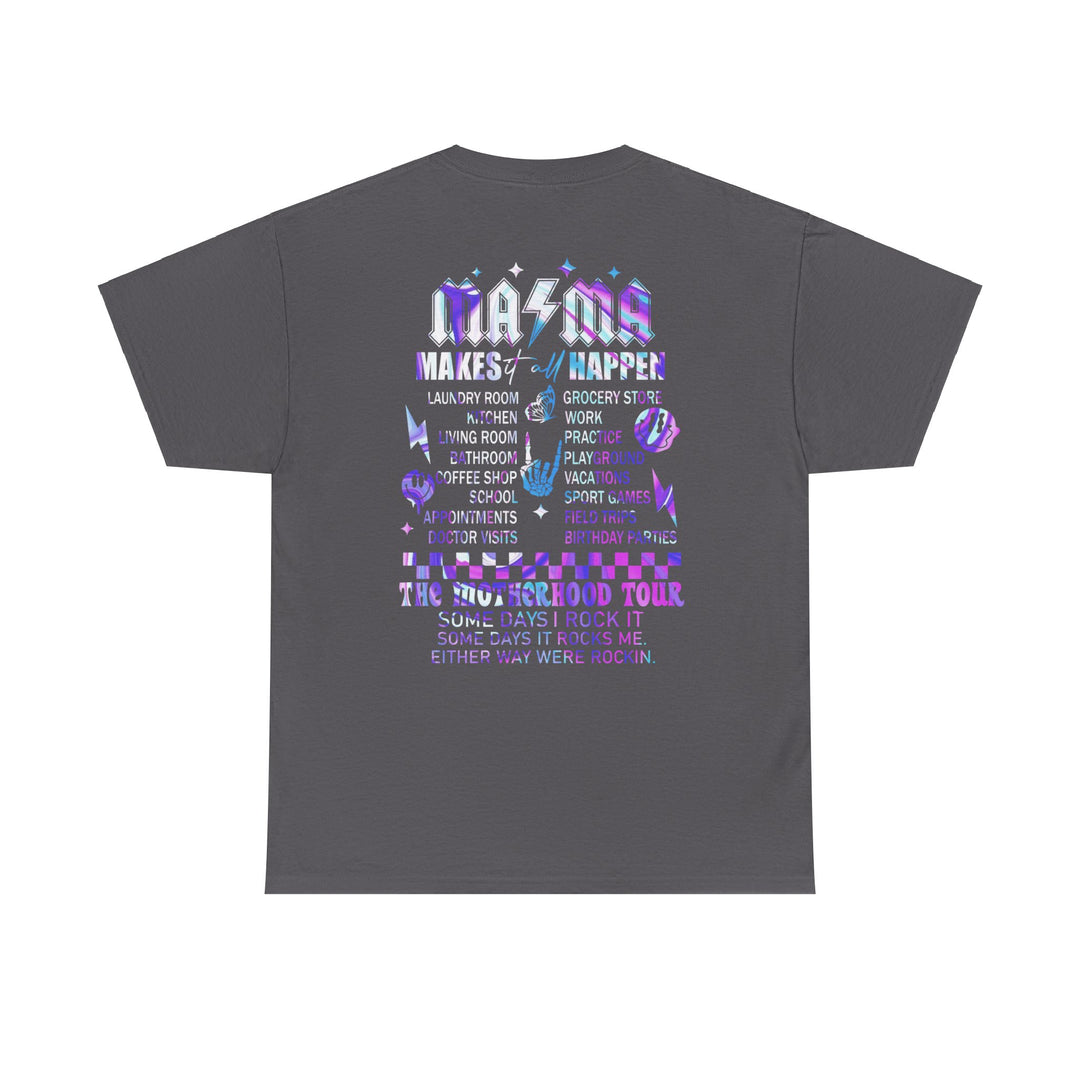 Unisex Ma/Ma Band Tee with bold purple and white text on a grey shirt. No side seams for comfort, durable tape on shoulders, and ribbed knit collar. Classic fit, 100% cotton. Sizes S-5XL.