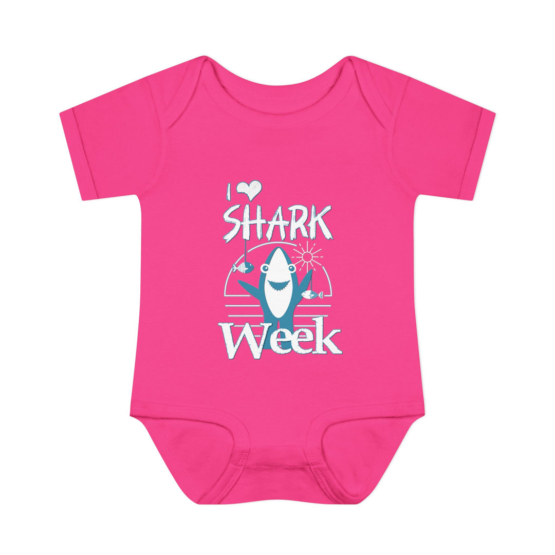 Infant I Love Shark Week onesie with lap shoulders, made from soft, 100% ring-spun cotton, designed for comfort and easy dressing.