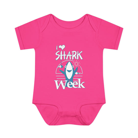 Infant I Love Shark Week onesie with lap shoulders, made from soft, 100% ring-spun cotton, designed for comfort and easy dressing.