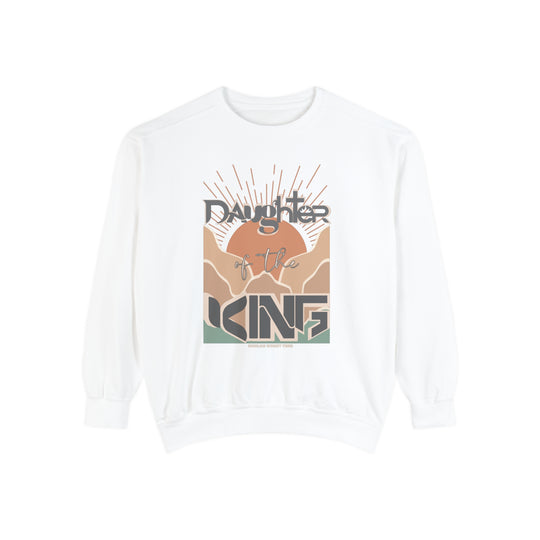 Daughter of the King Crew unisex sweatshirt, white with graphic design. Luxurious 80% ring-spun cotton, 20% polyester fabric, relaxed fit, rolled-forward shoulder, back neck patch. Medium-heavy fabric, 9.5 oz.