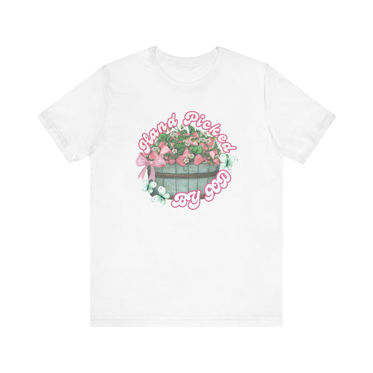 Hand Picked by GOD Tee, classic unisex short sleeve, features soft cotton blend, ribbed knit collar, tapered shoulders, and dual side seams for lasting shape.