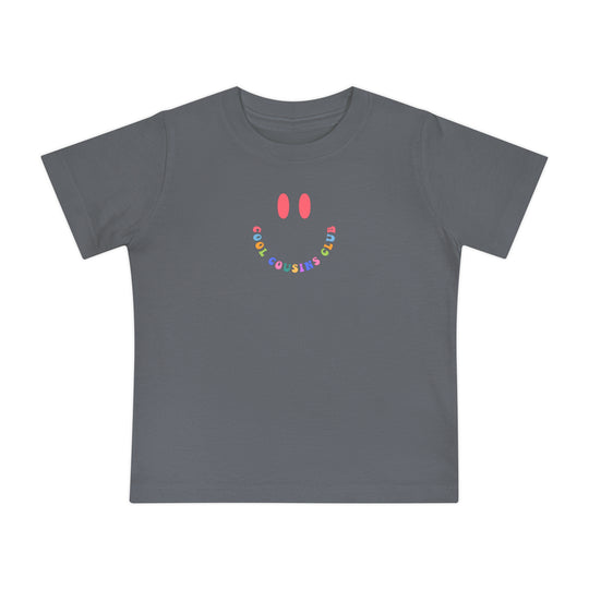 Cool Cousins Club Baby Tee, a soft, durable crew neck t-shirt for babies, designed for comfort and style in first steps. Available in pre-shrunk cotton.