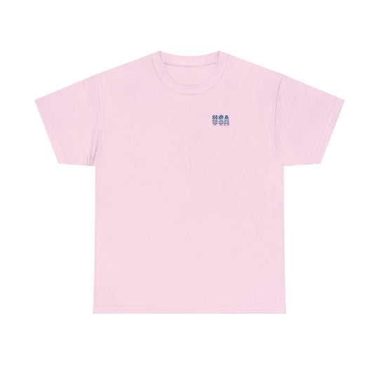 A staple USA USA USA Tee in pink with a logo. Unisex heavy cotton tee with no side seams for comfort, tape on shoulders for durability, and ribbed knit collar. Classic fit, 100% cotton.