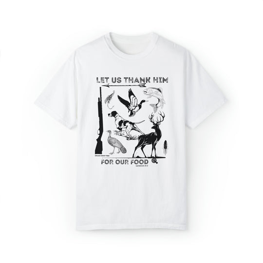 A white t-shirt featuring black and white images of animals and birds, embodying gratitude with the Let Us Thank Him For Our Food Tee design. Unisex, relaxed fit, 80% ring-spun cotton, 20% polyester.