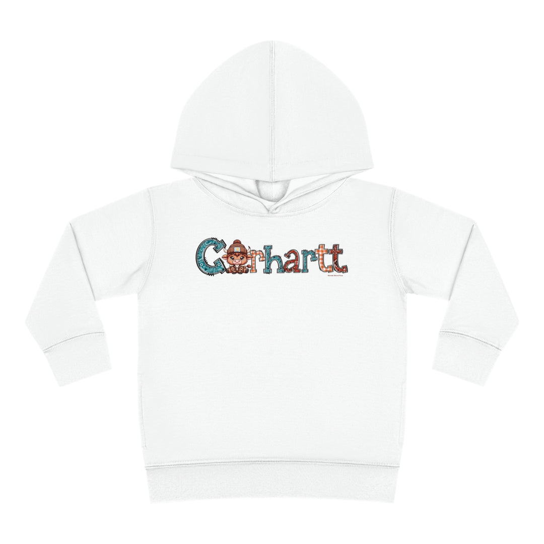 Toddler hoodie with a cartoon cow holding a letter logo, designed for comfort with jersey-lined hood, cover-stitched details, and side seam pockets. 60% cotton, 40% polyester, medium fabric. Dimensions: 2T - 15.62L x 14.50W x 12.00SL. 4T - 16.62L x 15.50W x 12.75SL. 5-6T - 17.62L x 16.50W x 13.50SL.