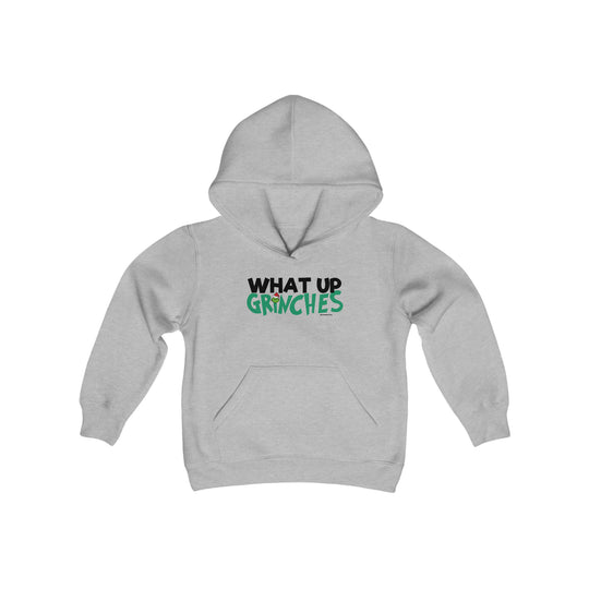 Youth blend hooded sweatshirt with kangaroo pocket, twill-taped neck, and soft fleece. What up Grinches design on grey fabric. 50% cotton, 50% polyester. Medium fabric weight. Regular fit.