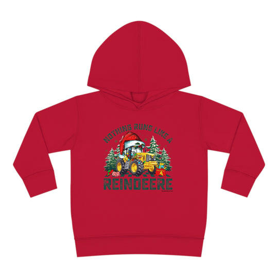 Reindeere Toddler Hoodie with tractor design. Jersey-lined hood, double-needle hem, cover-stitched details, and side-seam pockets for durability and comfort. Ideal for cozy playtime.