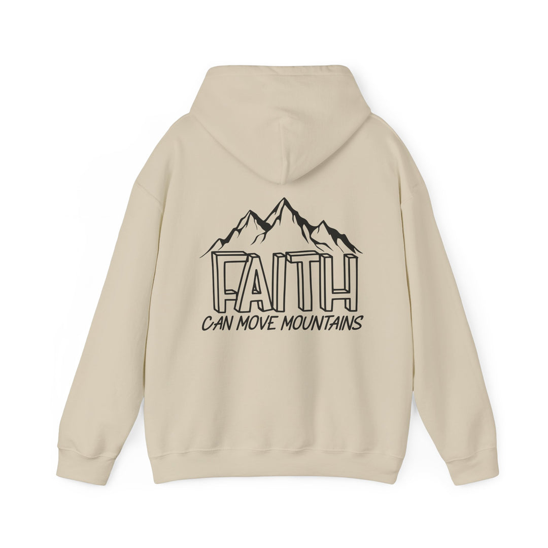 A white hoodie featuring a mountain print, embodying comfort and style. Unisex heavy blend of cotton and polyester, with a kangaroo pocket and matching drawstring. Faith Can Move Mountains Hoodie from Worlds Worst Tees.