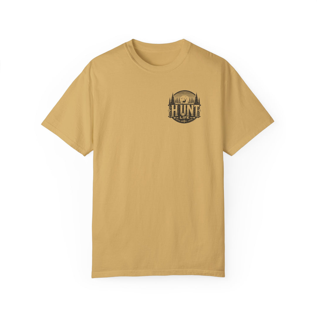 A tan Turkey Hunting Tee, medium weight, 100% ring-spun cotton. Relaxed fit, double-needle stitching, no side-seams for durability and shape retention. Ideal for daily wear.