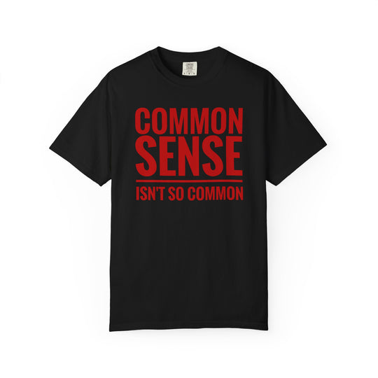 Common Sense Tee, 100% ring-spun cotton, relaxed fit, durable double-needle stitching, tubular shape, available in multiple sizes, ideal for casual and semi-formal wear.