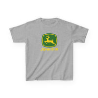 John 3:16 Kids Tee featuring a playful leaping deer logo in yellow on a grey T-shirt, inspired by the John Deere emblem.