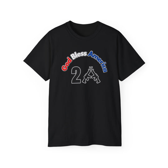 Black tee with God Bless America 2A graphic featuring text and guns. Unisex ultra cotton tee with ribbed collar, no side seams, and sustainably sourced materials. Classic fit, tear-away label, runs bigger.