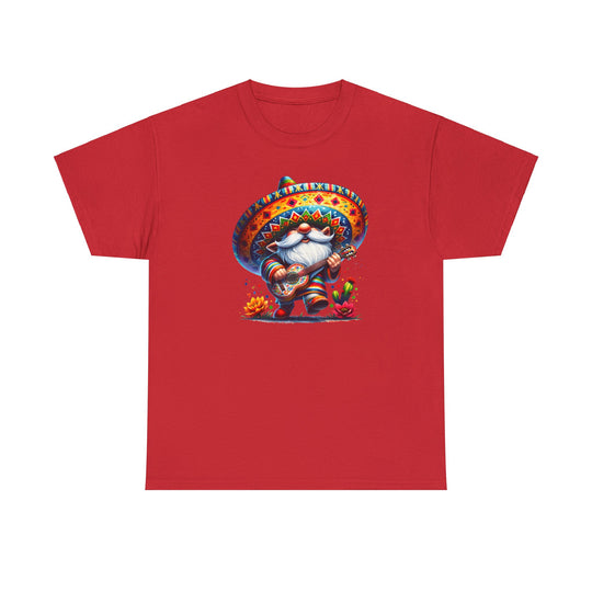 Mexican Gnome Tee: Unisex red t-shirt featuring a gnome playing a guitar. Medium fabric, classic fit, tear-away label, ethically sourced 100% US cotton. Ideal for casual fashion.