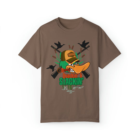 Alt text: Quackin' and Stackin' Tee: Brown t-shirt featuring a cartoon duck with a hat design. Unisex garment-dyed sweatshirt made of 80% ring-spun cotton and 20% polyester, with a relaxed fit and rolled-forward shoulder.