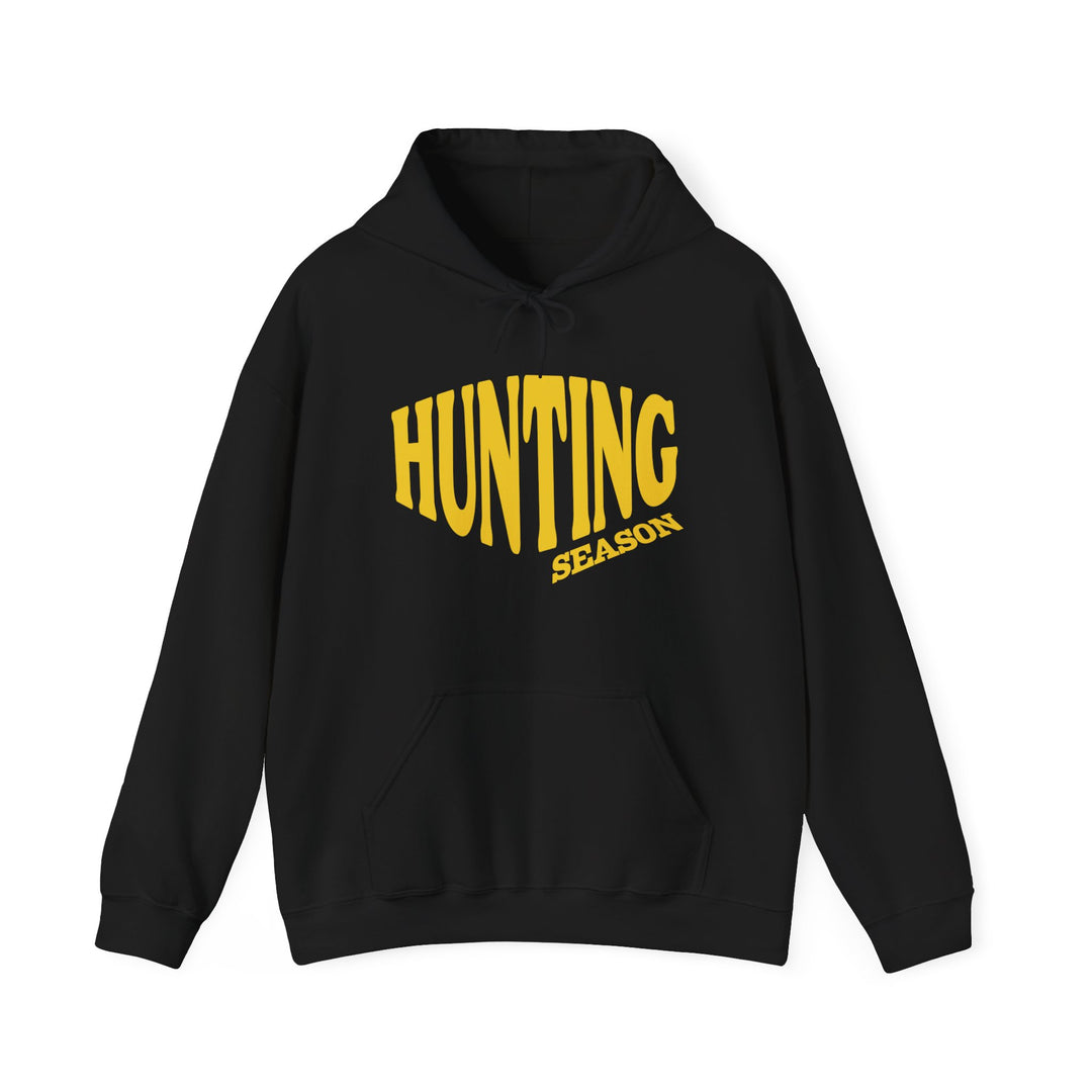 Black Hunting Season hoodie with yellow text, kangaroo pocket, and drawstring hood, ideal for warmth and style on cold days.
