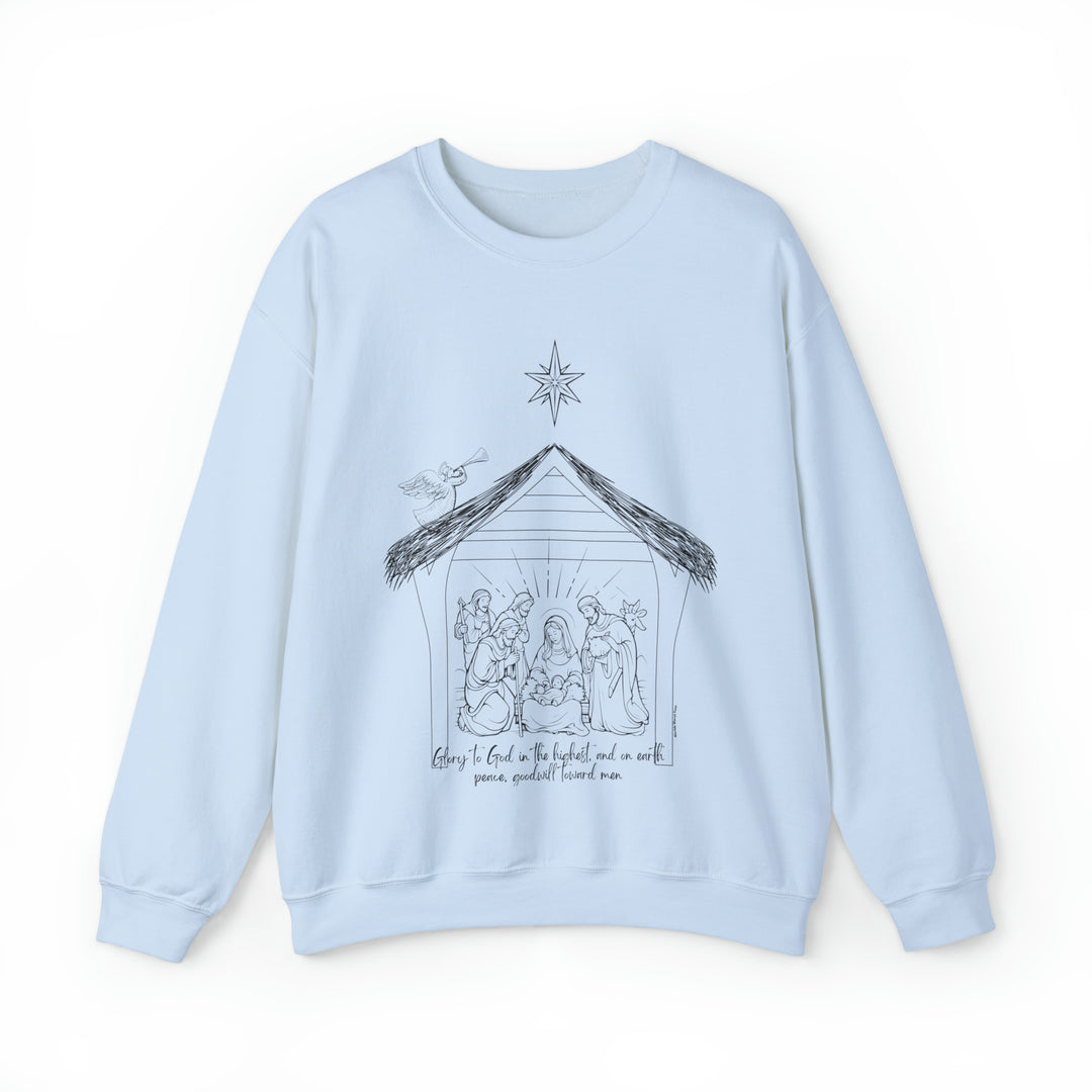 A unisex heavy blend crewneck sweatshirt featuring a drawing of a manger, three kings, and religious symbols. Comfortable, loose fit with ribbed knit collar. Glory to God Crew by Worlds Worst Tees.