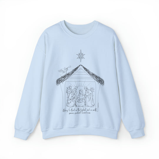 A unisex heavy blend crewneck sweatshirt featuring a drawing of a manger, three kings, and religious symbols. Comfortable, loose fit with ribbed knit collar. Glory to God Crew by Worlds Worst Tees.