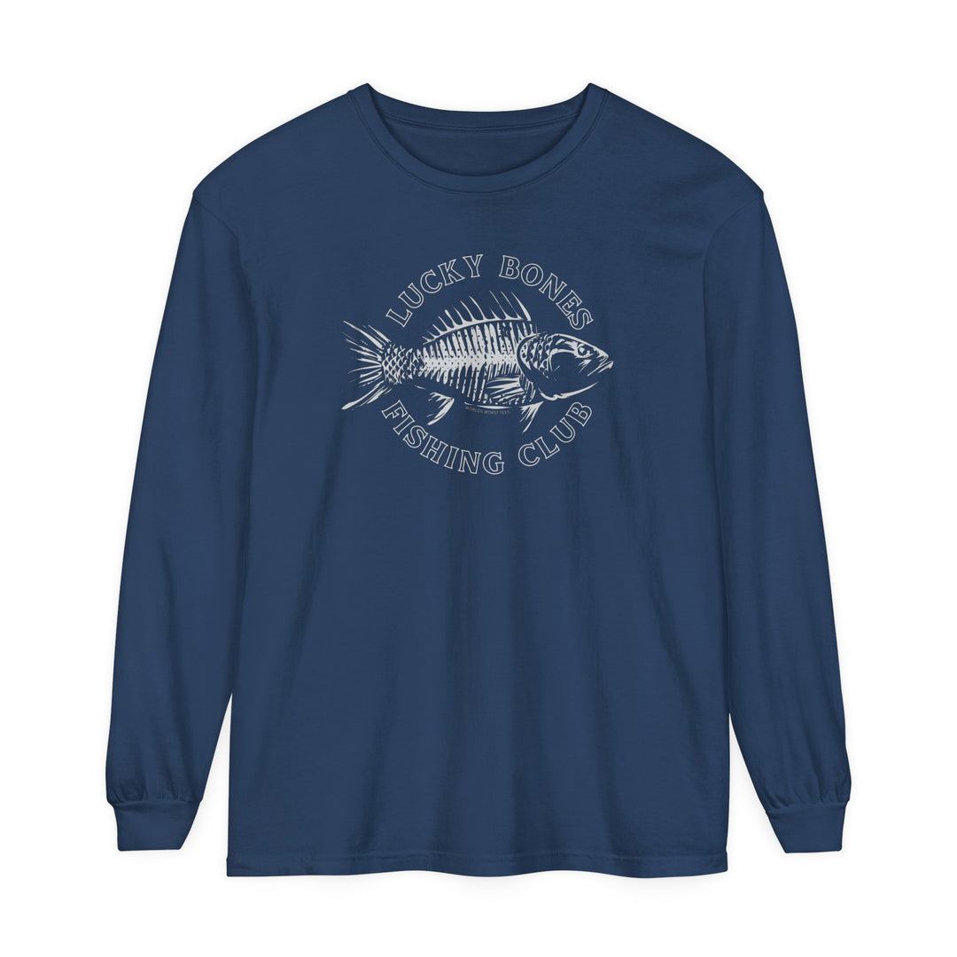 A blue Lucky Bones Fishing Club Long Sleeve Tee with a fish graphic on ring-spun cotton. Garment-dyed fabric, relaxed fit for total comfort. Perfect for casual settings. From Worlds Worst Tees.
