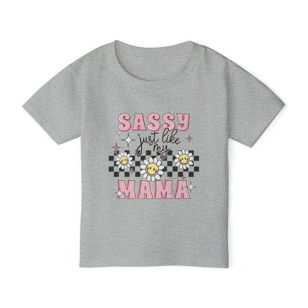 Toddler tee with grey base featuring playful pink and white text, embodying sass like mama. 100% cotton for softness, classic fit with rib collar for comfort. Ideal for 2T to 6T sizes.