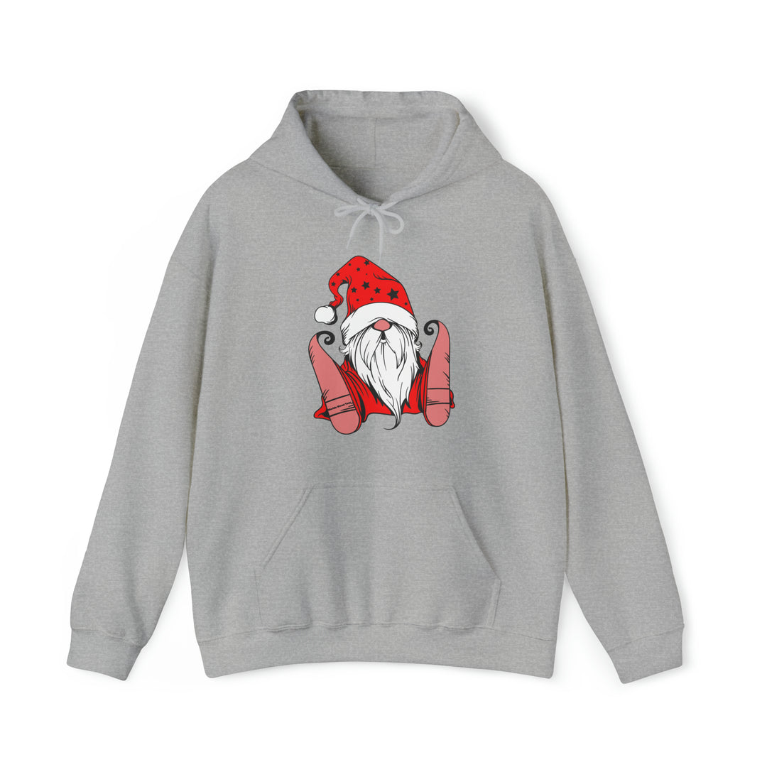 A Christmas Gnome Hoodie, featuring a grey sweatshirt with a gnome cartoon. Unisex heavy blend, 50% cotton, 50% polyester, kangaroo pocket, classic fit. Ideal for warmth and comfort.