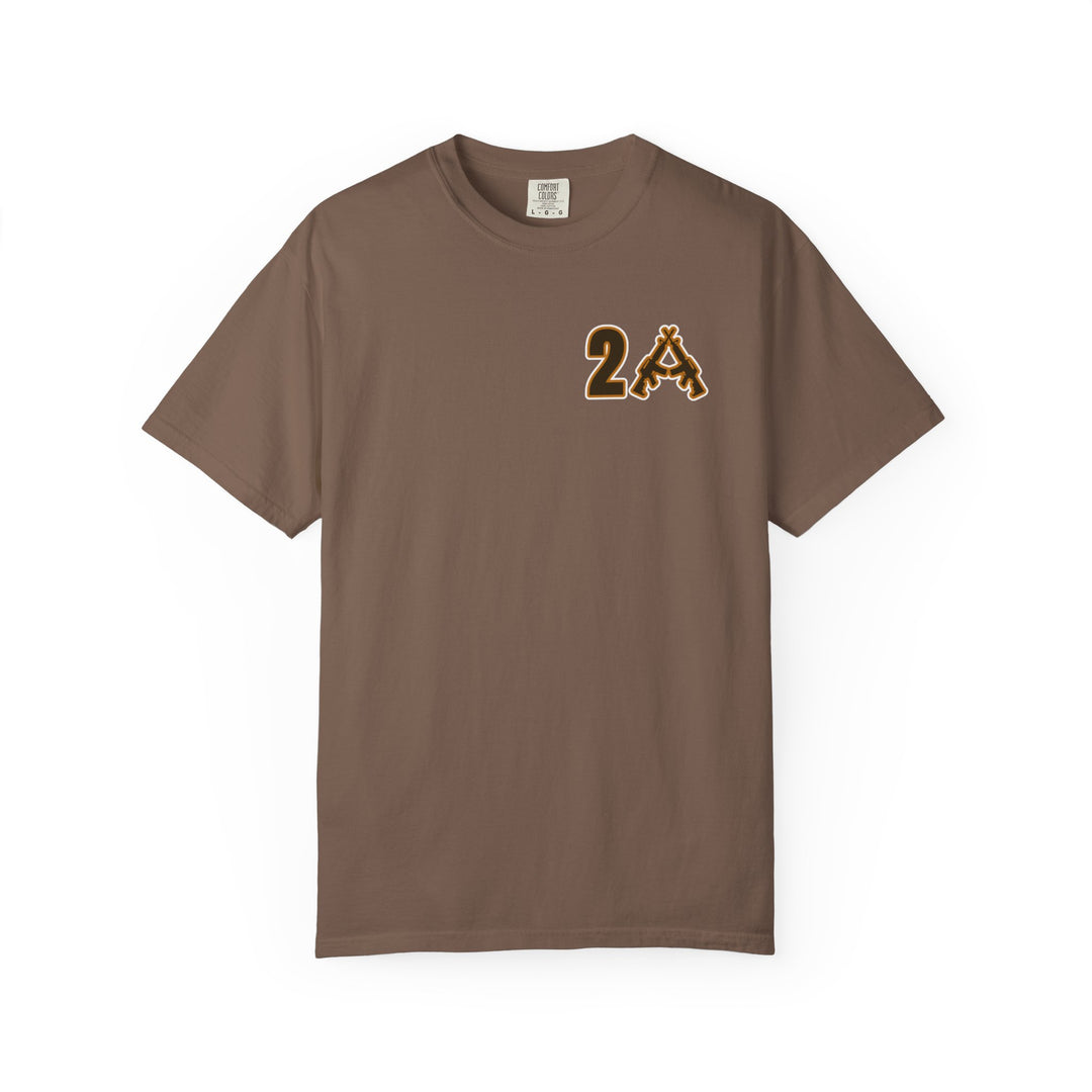 2A Tee: Brown short-sleeved T-shirt with “2A” graphic featuring crossed rifles on chest, part of the Comfort Colors line, size L/G, relaxed fit.