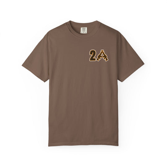2A Tee: Brown short-sleeved T-shirt with “2A” graphic featuring crossed rifles on chest, part of the Comfort Colors line, size L/G, relaxed fit.