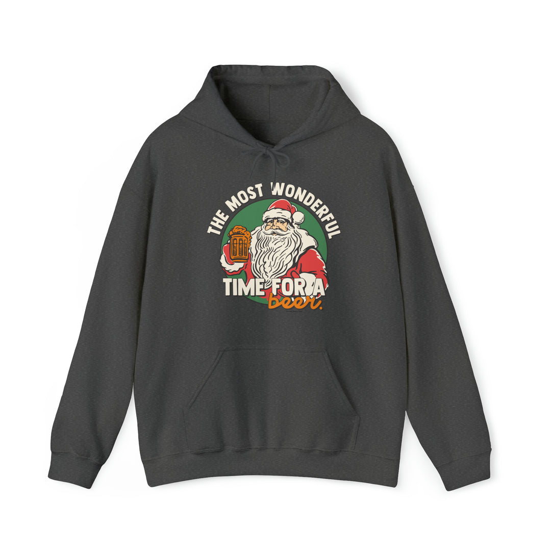 Unisex Most Wonderful Time for a Beer Hoodie: Grey sweatshirt with Santa Claus holding a beer, graphic design, and close-up details. Cotton-polyester blend, kangaroo pocket, classic fit. Perfect for warmth and comfort.