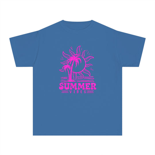 A kid's tee featuring a blue shirt with a pink sun and palm tree design. Crafted from 100% combed ringspun cotton for comfort and agility. Perfect for active days. Summer Vibes Kids Tee by Worlds Worst Tees.