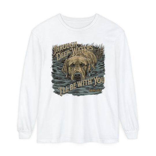 A white long-sleeve tee featuring a dog design, perfect for casual comfort. Made of 100% ring-spun cotton with a classic fit, ideal for everyday wear. From 'Worlds Worst Tees'.
