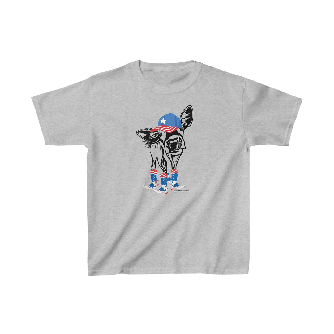 Kids 4th of July Rodeo Cow Tee: A cotton t-shirt featuring an elephant and a dog, perfect for everyday wear. Classic fit, durable twill tape shoulders, and curl-resistant collar. Ideal for printing.