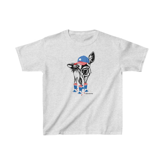 A kids' tee featuring a drawing of a cow in a hat and boots, ideal for everyday wear. Made of 100% cotton, light fabric, with twill tape shoulders for durability and a curl-resistant collar. Classic fit, true to size.