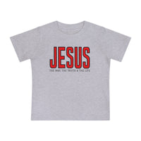 Light-gray baby tee featuring JESUS in bold red, with The Way, The Truth & The Life beneath, made from soft, durable cotton for comfort and style.