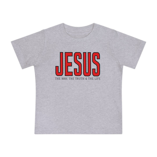 Light-gray baby tee featuring JESUS in bold red, with The Way, The Truth & The Life beneath, made from soft, durable cotton for comfort and style.