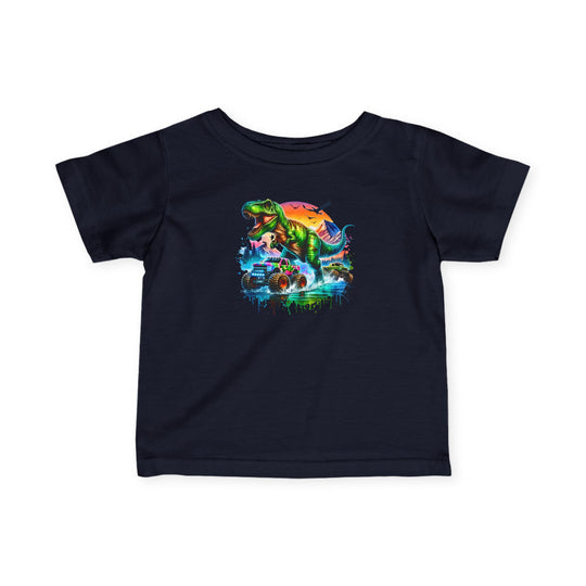Dino Truck Baby Tee: Navy blue children’s T-shirt featuring a vibrant neon-style graphic of a green T. rex with colorful monster trucks and a graffiti-inspired sunset background.