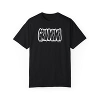 Grandmama Tee: Black t-shirt with white text logo. 100% ring-spun cotton, garment-dyed for coziness. Relaxed fit, double-needle stitching for durability. No side-seams for a tubular shape.