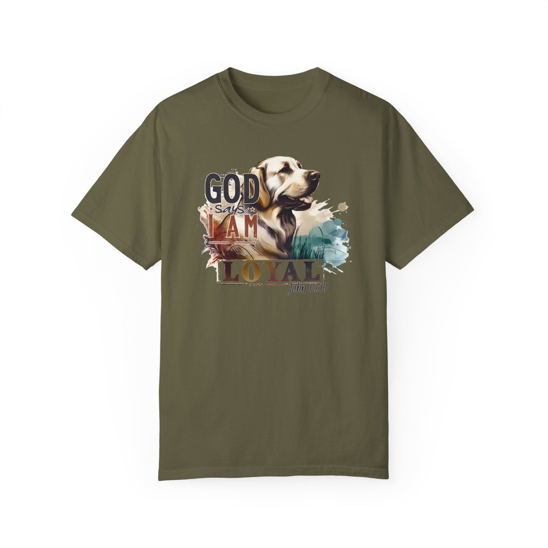 A green t-shirt featuring a loyal dog design. 100% ring-spun cotton, garment-dyed for extra coziness. Relaxed fit with double-needle stitching for durability. From 'Worlds Worst Tees'.