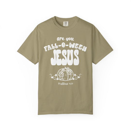FALL-O-WEEN Jesus Tee with white print, featuring a fall-themed pun, pumpkin illustration, and scripture reference on a khaki short-sleeve shirt.