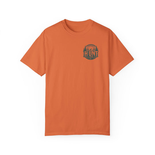 Alt text: Turkey Hunting Tee: Garment-dyed t-shirt in orange with logo, 100% ring-spun cotton, medium weight, relaxed fit, durable double-needle stitching, seamless design. From Worlds Worst Tees.